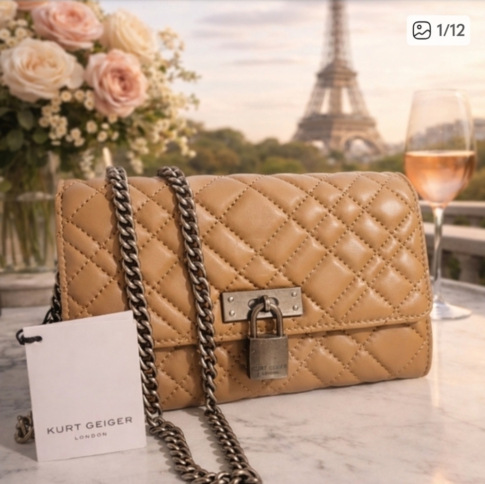 NWT Kurt Geiger Quilted Tan Leather Crossbody Bag with Chain Strap